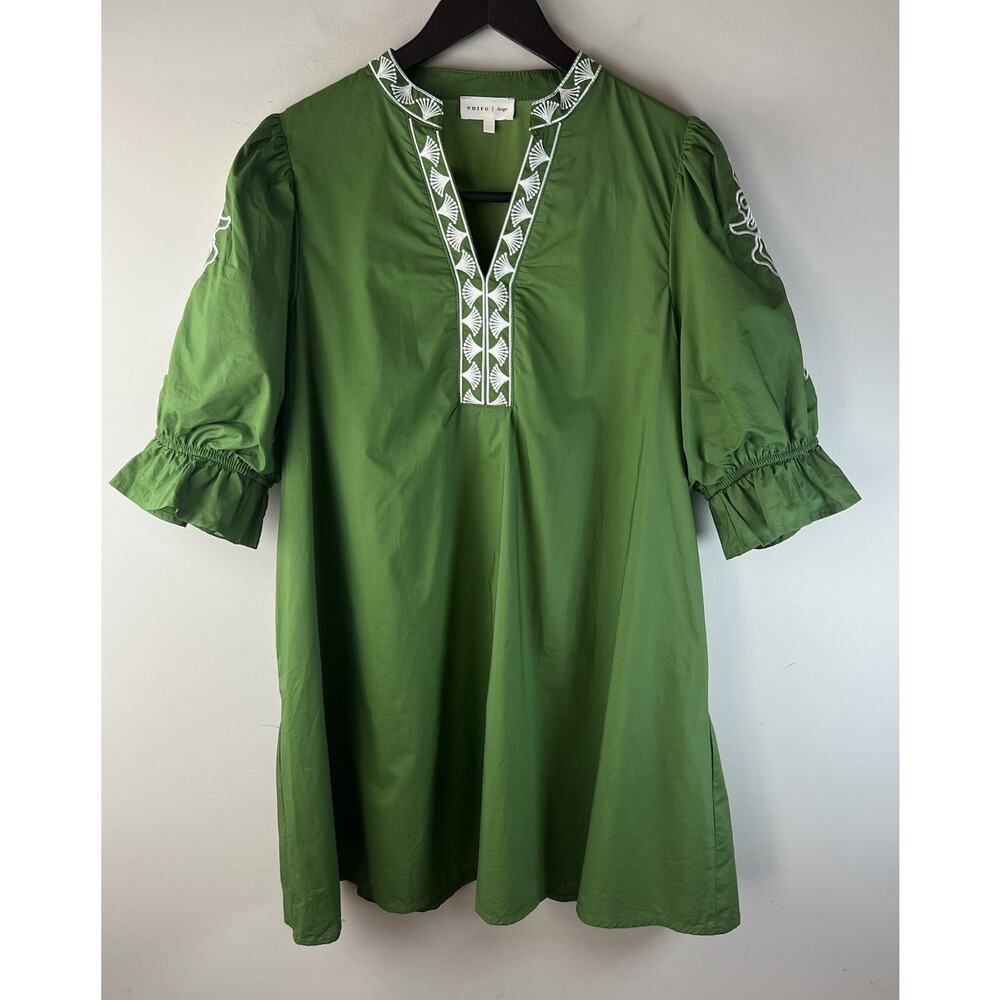 Entro Green Dress L Shift Knee Length Short Puff Sleeve Pockets
